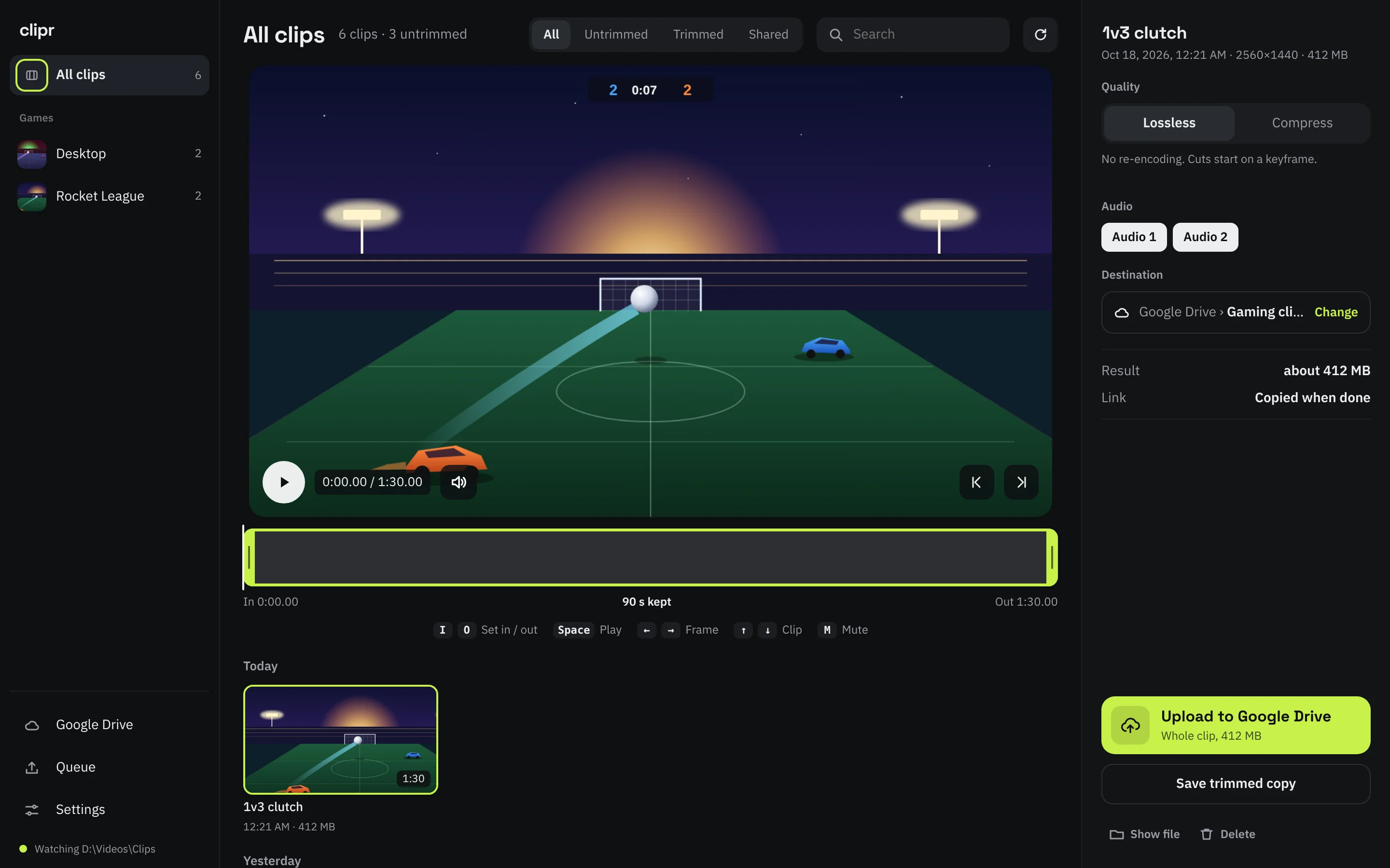 The clipr main window: a list of games on the left, the clip player with a trim bar in the middle and upload options on the right.