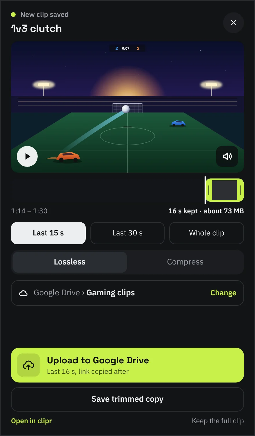 The clipr popup with a clip preview, a trim bar, quick ranges and the upload button.